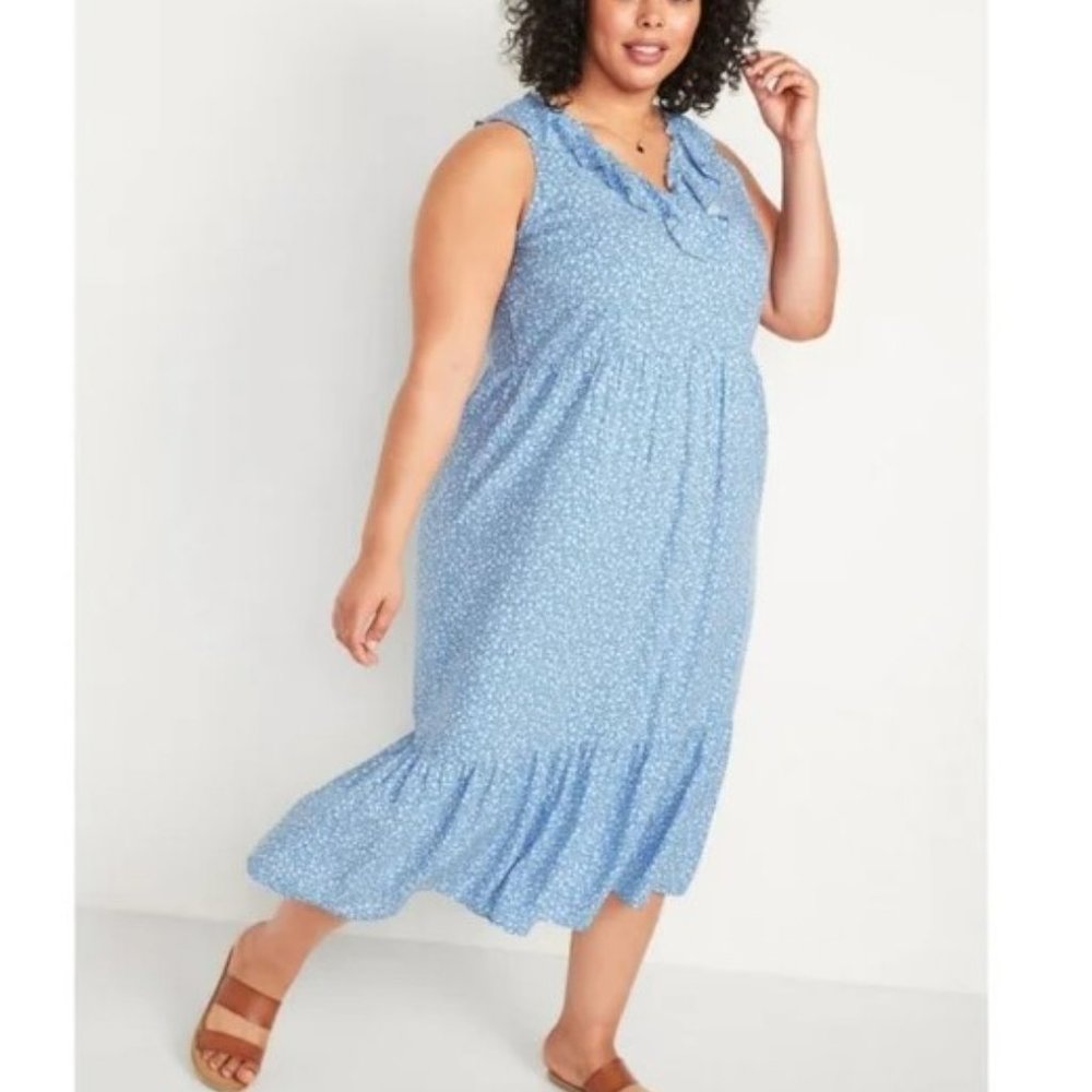Old Navy Blue Ditsy Floral Ruffle Midi Dress 2X